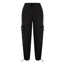 Patlollav Pants Womens Street Style Retro Pocket Lace Up Elastic Waist Casual Workwear Pants