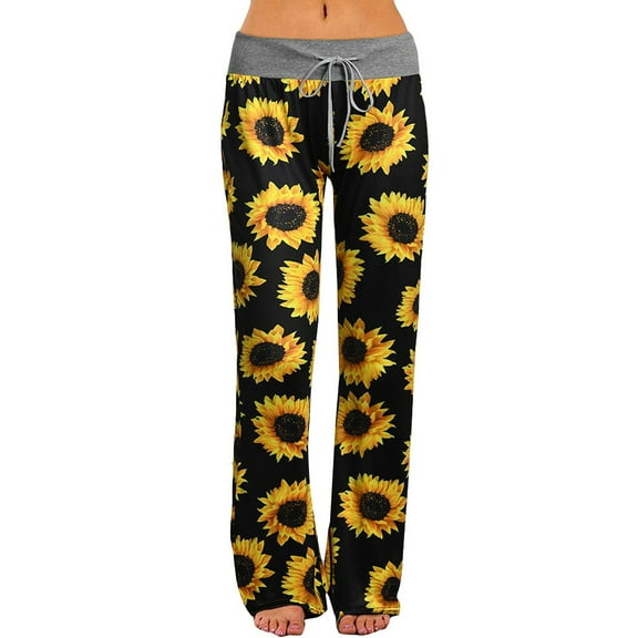 Patlollav Pants for Women's Comfy Stretch Sunflower Print Drawstring Palazzo Wide Leg Lounge Pants