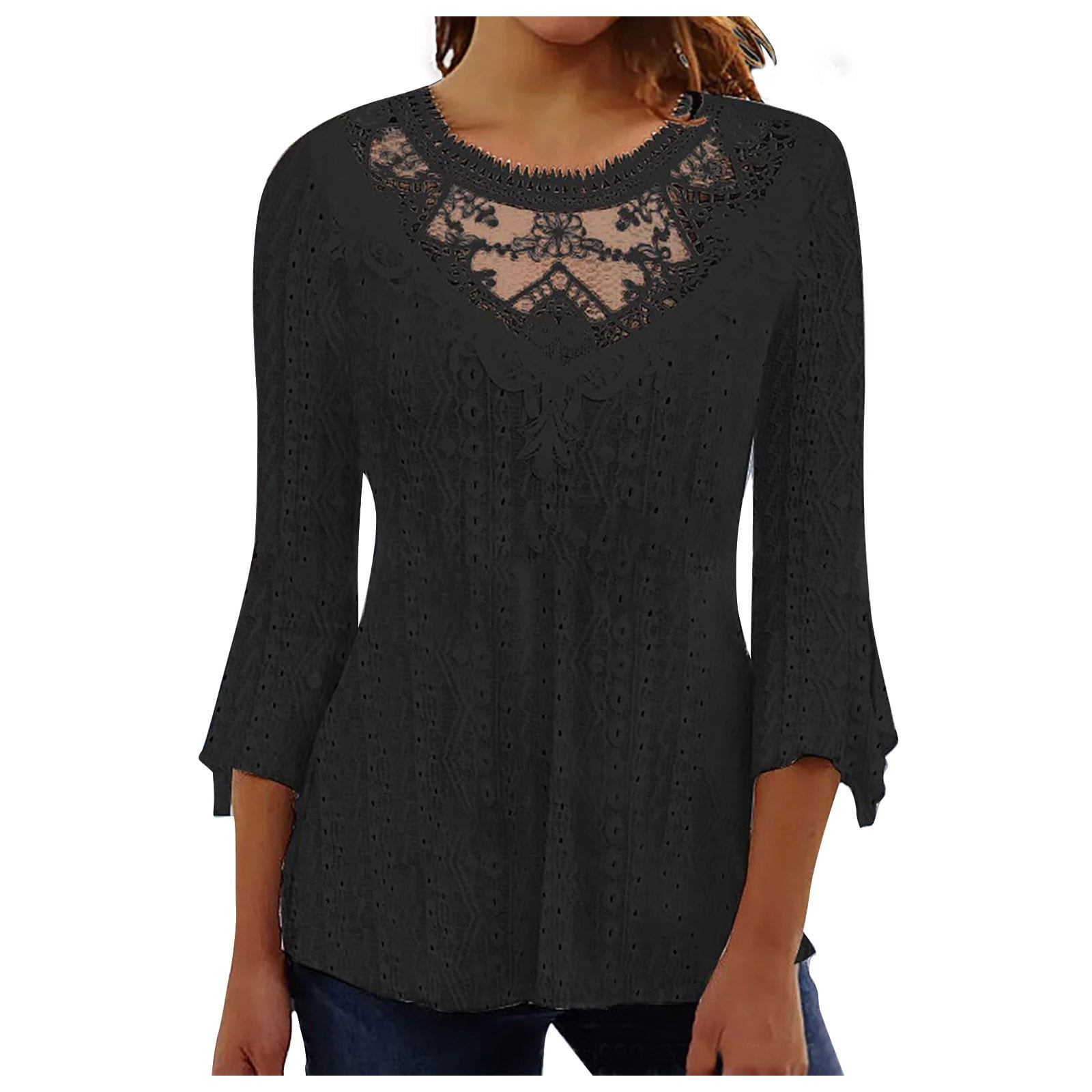 Patlollav Plus Size Clearance Tops Women Solid Lace Long Sleeve Three