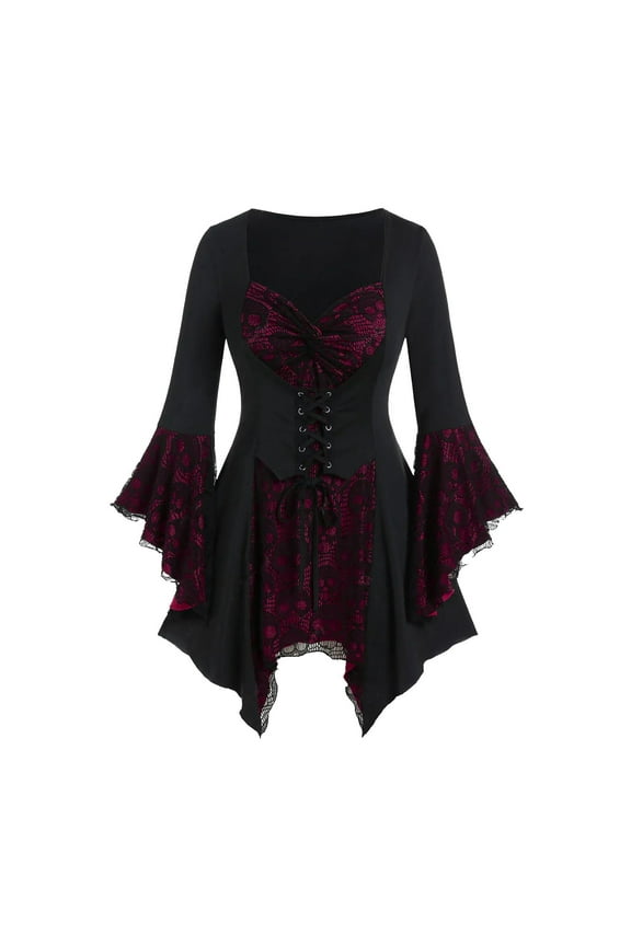 Plus Size Women Gothic T Tees 3/4 Sleeve Mesh Bandage Tops Vest