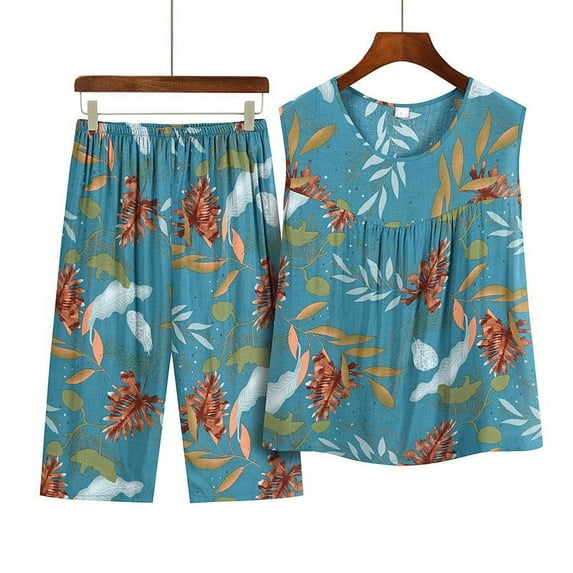 Patlollav Plus Size Womens Fashion Spring Summer Sleeveless Round-Neck Blouses & Shorts Sets