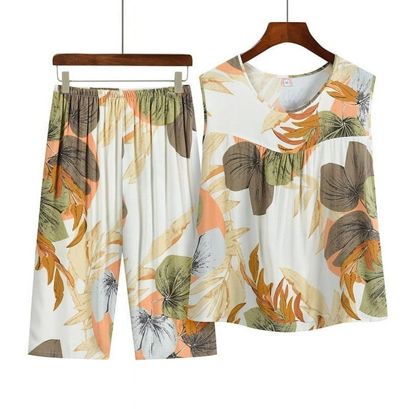 Patlollav Plus Size Womens Fashion Spring Summer Sleeveless Round-Neck Blouses & Shorts Sets