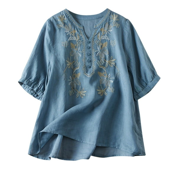 Patlollav Plus Size Womens Printing Casual Loose Fashion T-Shirt Button Tops Cotton and Linen Blouse