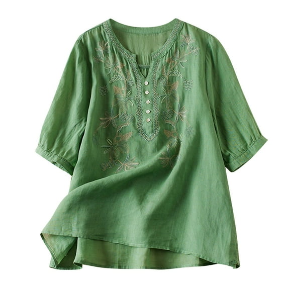 Patlollav Plus Size Womens Printing Casual Loose Fashion T-Shirt Button Tops Cotton and Linen Blouse