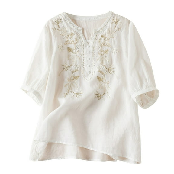 Patlollav Plus Size Womens Printing Casual Loose Fashion T-Shirt Button Tops Cotton and Linen Blouse