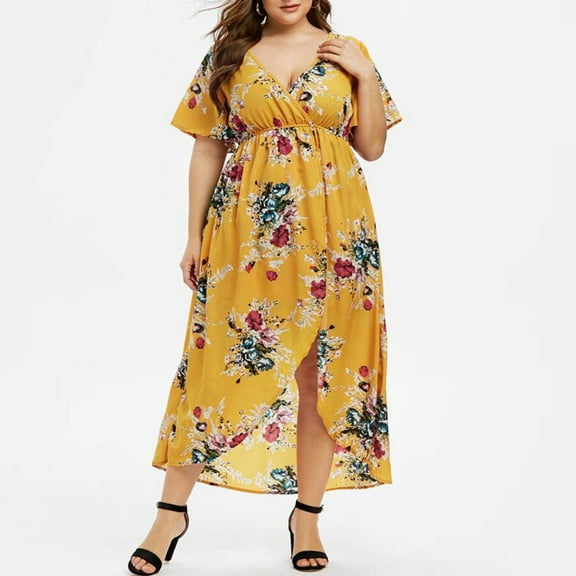 Patlollav Plus Size Fashion Womens Floral Print V-Neck Short Sleeve Split Casual Dress