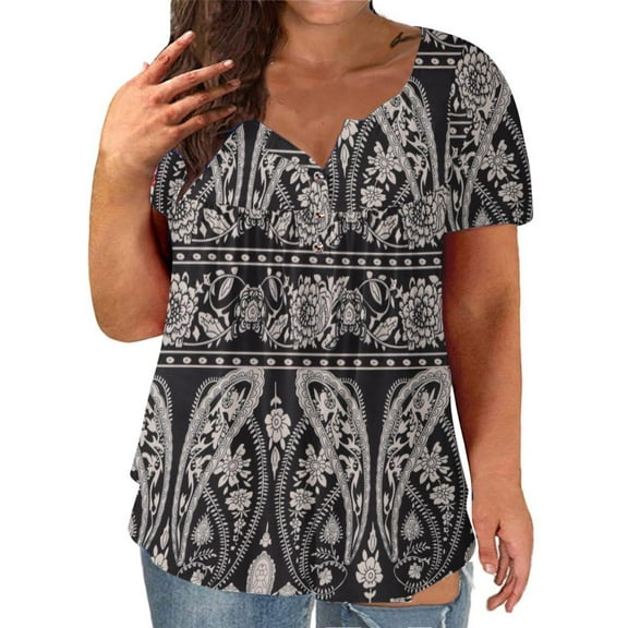 Patlollav Plus Size Henley Tshirt Women Summer Button Down V Neck Tunic Tops Cozy Floral Print Pleated T-Shirts