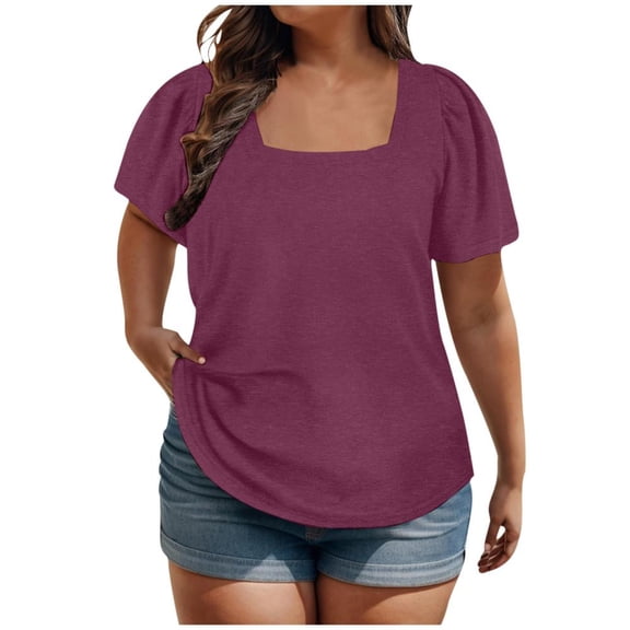 Patlollav Plus Size T Shirts For Women Square Neck Tunic Tops Loose Solid Short Sleeve Shirt 2024 Summer Tee Shirts