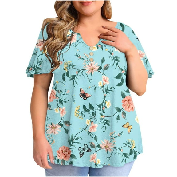 Patlollav Plus Size T Shirts For Women V Neck Button Tunic Tops Henley Shirt Floral Print Puffer Sleeve T-Shirt Slim Fit Summer Tee Shirts