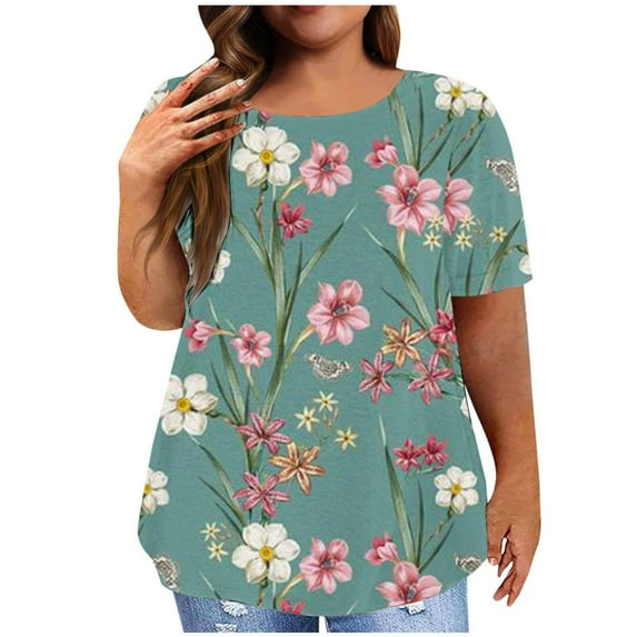 Patlollav Plus Size Tops For Women Floral Print Tunic Shirts 2024 Summer Crewneck Short Sleeve T-Shirts Loose Fit Oversize Blouses