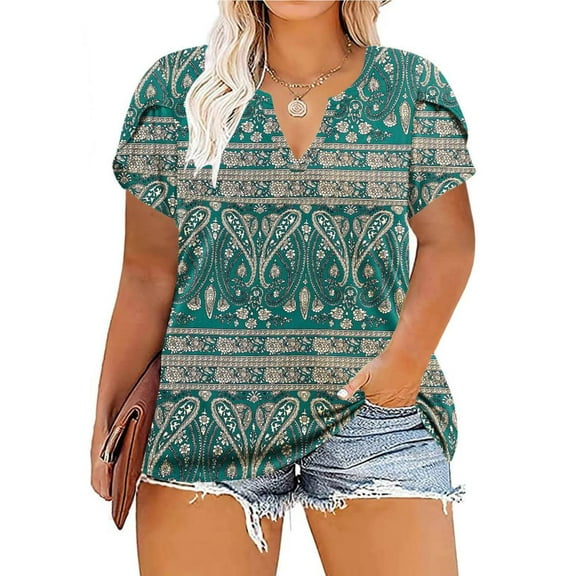 Patlollav Plus Size Tops For Women Split V Neck Petal Sleeve Tunic Shirts Summer Floral Print Short Sleeve Blouses