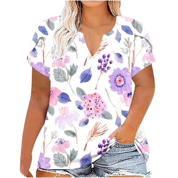 Patlollav Plus Size Tops For Women Summer V Neck Shirts Short Sleeve Oversized Casual Ladies Flowy Tunics Tee