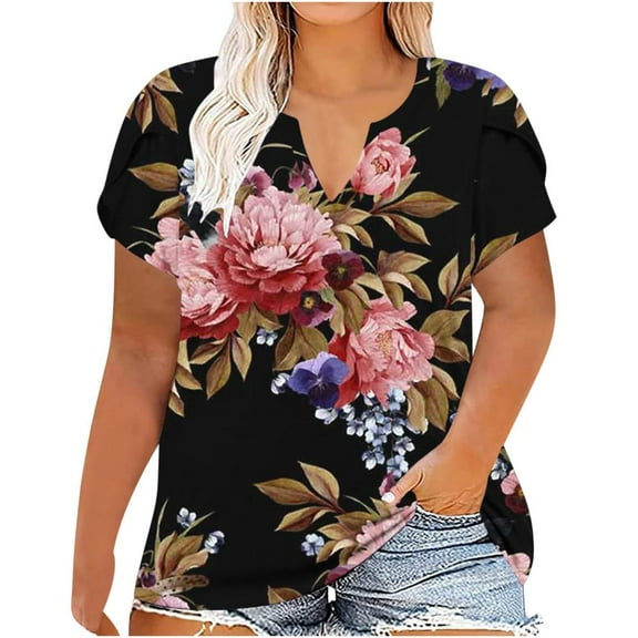 Patlollav Plus Size Tops For Women Summer V Neck Shirts Short Sleeve Oversized Casual Ladies Flowy Tunics Tee