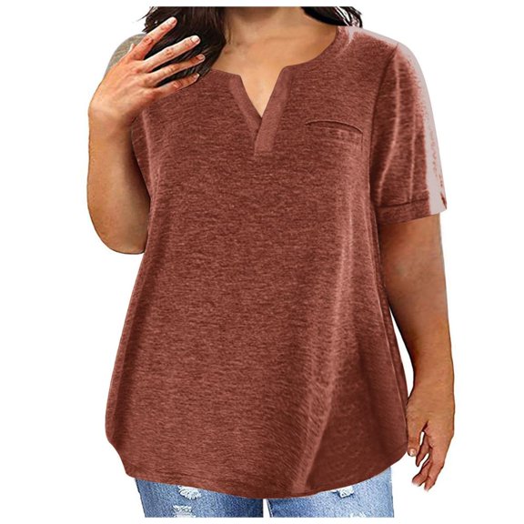 Otvok Oversized Casual Daily Blouse Plus Size Henley Pocket Short Sleeve Tunic Lightweight Loose Fit Tops