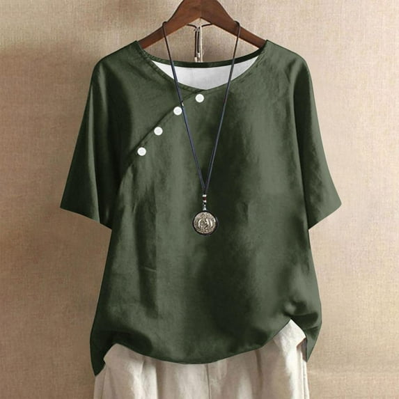 Patlollav Plus Size Tops For Womens Summer Crew Neck Solid Casual Loose Linen Button Short Sleeve Blouse