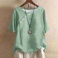 thumbnail image 1 of Patlollav Plus Size Tops For Womens Summer Crew Neck Solid Casual Loose Linen Button Short Sleeve Blouse, 1 of 6