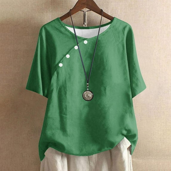 Patlollav Plus Size Tops For Womens Summer Crew Neck Solid Casual Loose Linen Button Short Sleeve Blouse