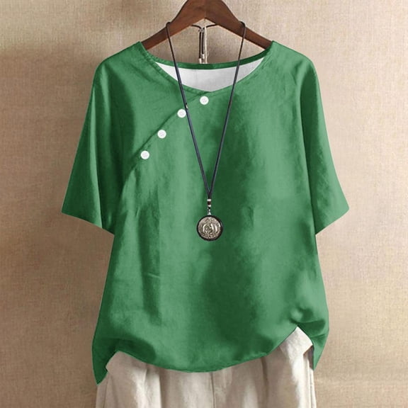Patlollav Plus Size Tops For Womens Summer Crew Neck Solid Casual Loose Linen Button Short Sleeve Blouse