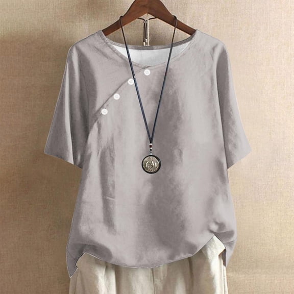 Patlollav Plus Size Tops For Womens Summer Crew Neck Solid Casual Loose Linen Button Short Sleeve Blouse