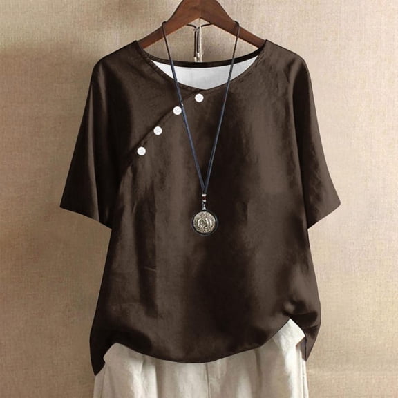 Patlollav Plus Size Tops For Womens Summer Crew Neck Solid Casual Loose Linen Button Short Sleeve Blouse