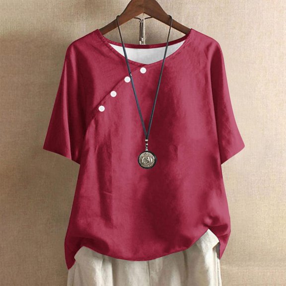 Patlollav Plus Size Tops For Womens Summer Crew Neck Solid Casual Loose Linen Button Short Sleeve Blouse