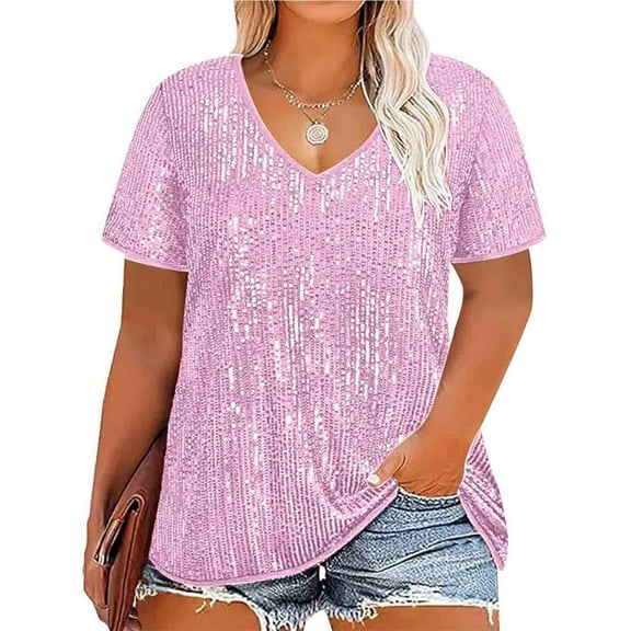 Patlollav Plus Size Women Short Sleeve Shirt Sequins Polluer Solid V-Neck Blouse Tops