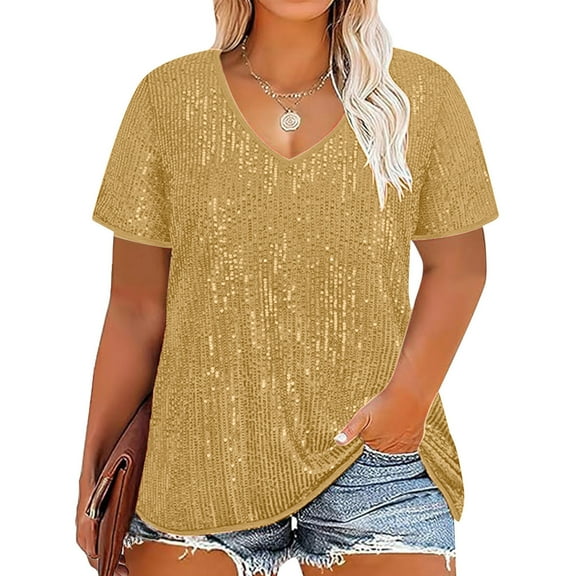 Patlollav Plus Size Women Short Sleeve Shirt Sequins Polluer Solid V-Neck Blouse Tops