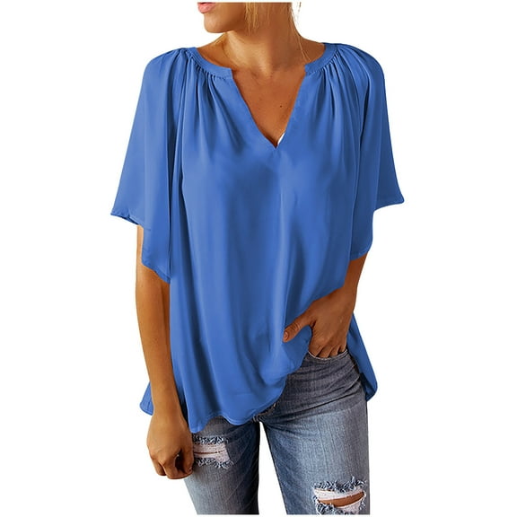 Patlollav Plus Size Womens,T-Shirt for Women Summer V-Neck Short Sleeve Solid Casual Blouse