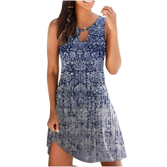 Patlollav Plus Size Womens Dresses Fashion Print Casual Round-Neck Sleeveless Long Dress