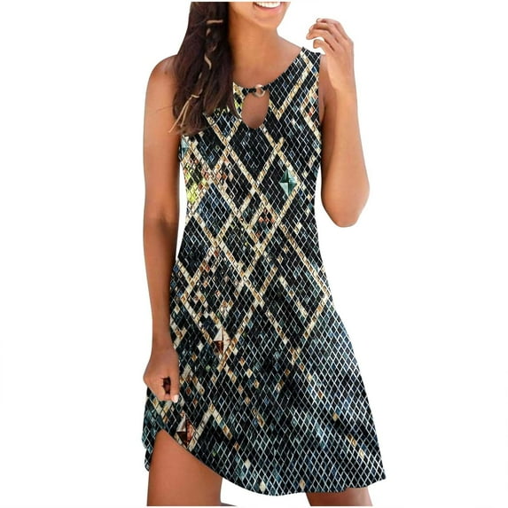 Patlollav Plus Size Womens Dresses Fashion Print Casual Round-Neck Sleeveless Long Dress