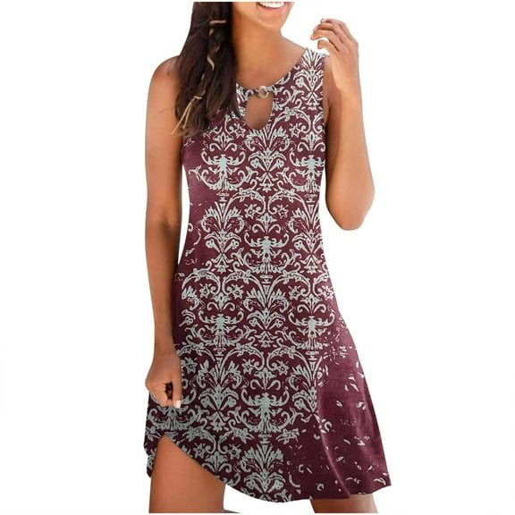 Patlollav Plus Size Womens Dresses Fashion Print Casual Round-Neck Sleeveless Long Dress