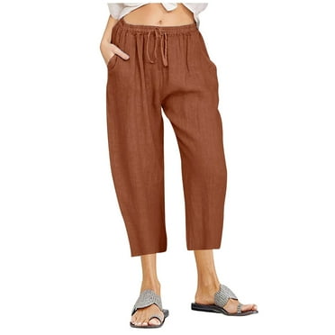 Patlollav Plus Size Womens Solid Drawstring Elastic Waist Wide Leg Pants Cropped Trousers