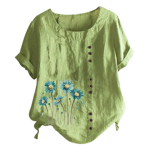 Patlollav Plus Size Womens Summer Casual Round Neck Short Sleeve Flower Print Loose Shirt Tops