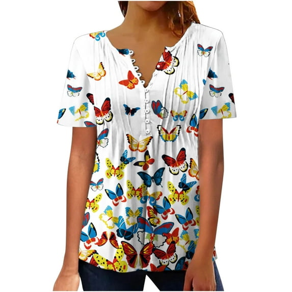 Patlollav Plus Size Womens Summer Tops Sexy Fold Print Regular Short Sleeve Button Blouse