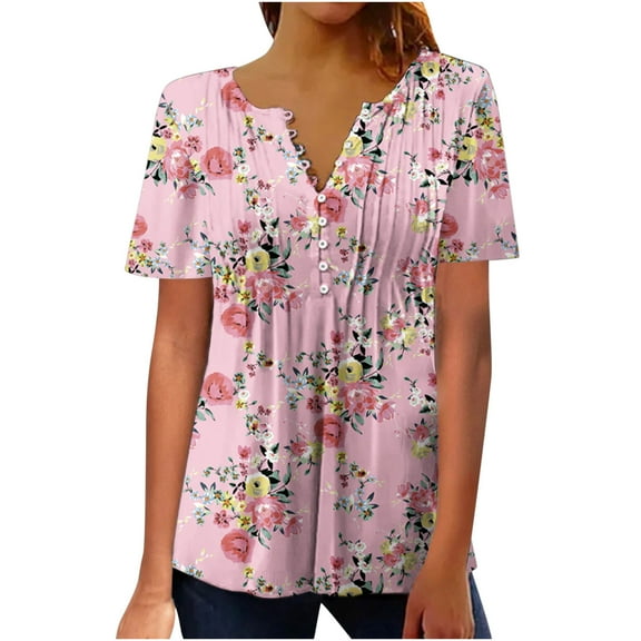 Patlollav Plus Size Womens Summer Tops Sexy Fold Print Regular Short Sleeve Button Blouse