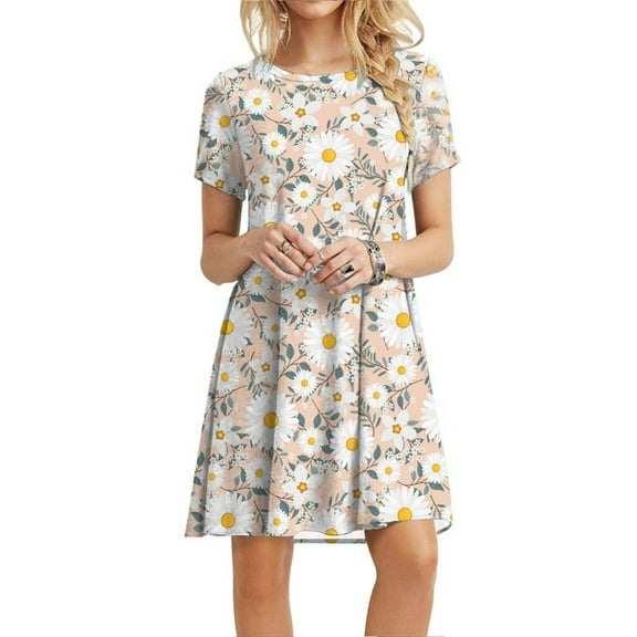 Patlollav Plus Size Womens Dresses,Ladies Plain Loose Loose Floral Sunflower Print Short Sleeve Dress