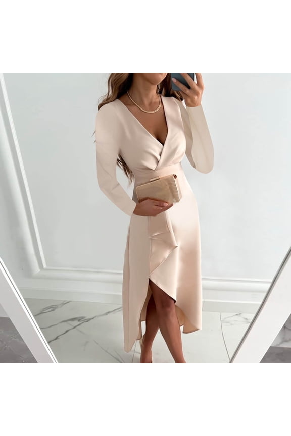 Plus Size Womens Sexy Buttocks V-Neck Solid Slimming Long Leeve Dress