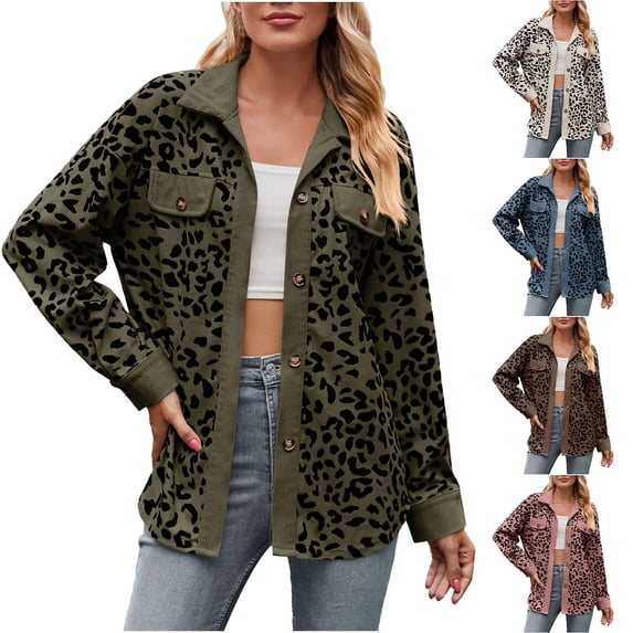 Patlollav Pntutb Ladies Shirt Coat,Womens New Leopard Print Button Long Sleeve Jacket