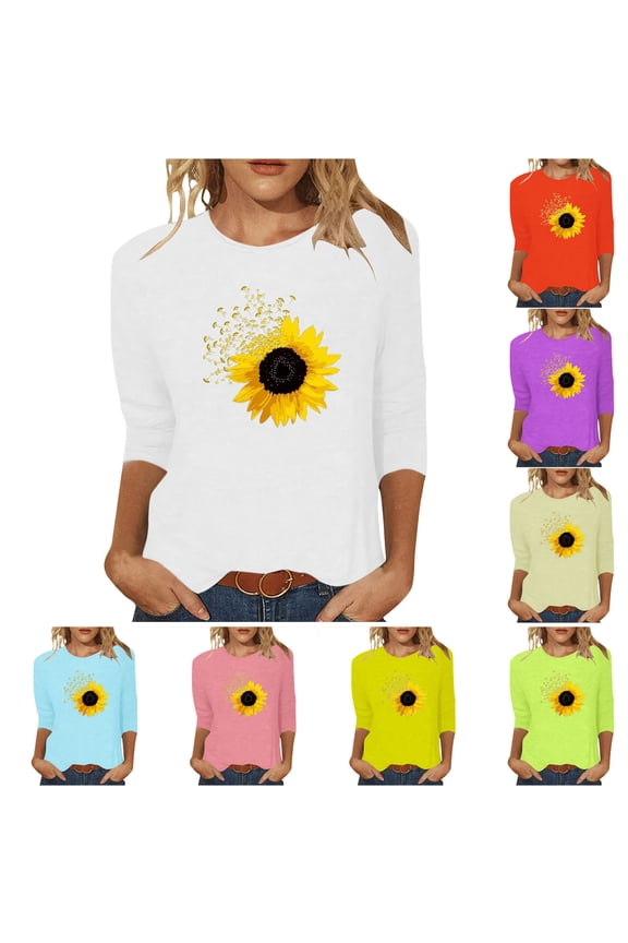 Patlollav Pntutb Women T-Shirts,Ladies Print Mid-Length 3/4 Sleeve Blouse Tops