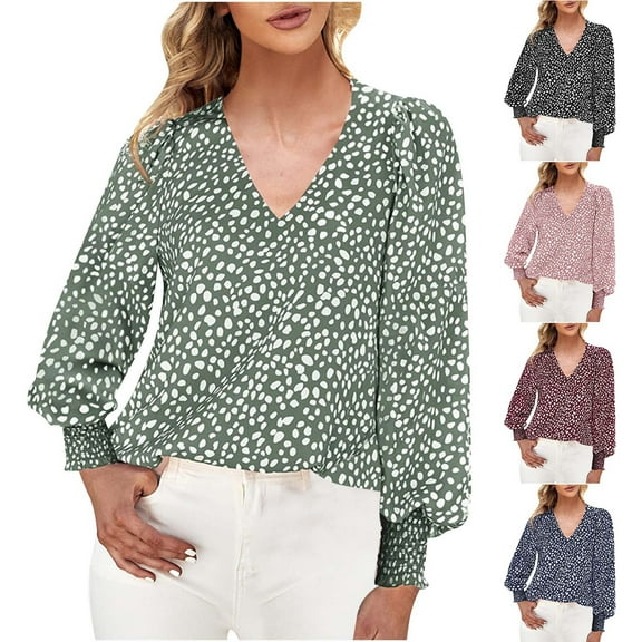 Patlollav Pntutb Womens Blouses,Ladies Loose Print V-Neck Long Sleeve Tops