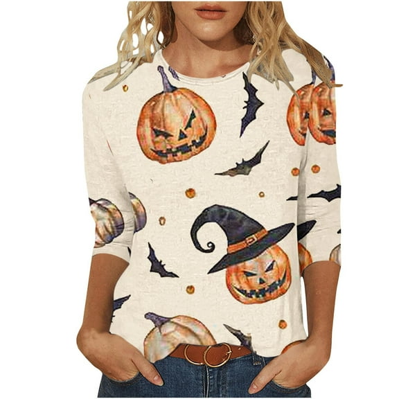 Patlollav Pntutb Womens Winter Halloween T-Shirts Crew Neck Print 3/4 Sleeve Tops