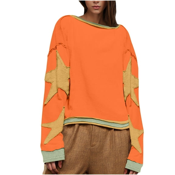 Patlollav Polyester Spandex Blouses Womens Casual Color Matching Round Neck Long Sleeved T-Shirt Loose Tops
