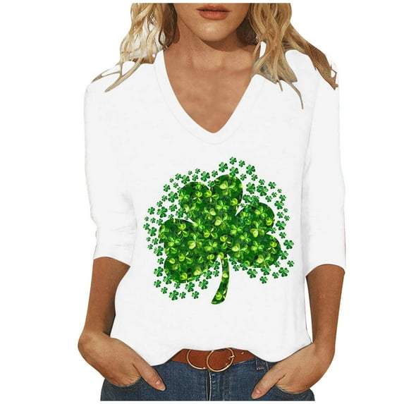Patlollav Shamrock Pullover Womens Casual St Patrick's Day V-Neck Seven Sleeve Tops S-5XL