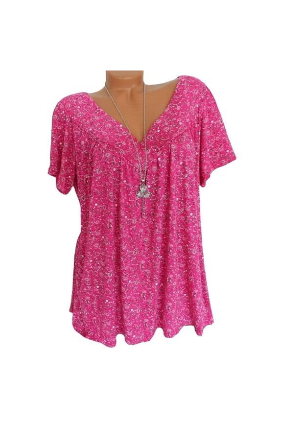 Patlollav Shirts Women Clothes Plus Size Tops Short Sleeve V-Neck Print Blouse
