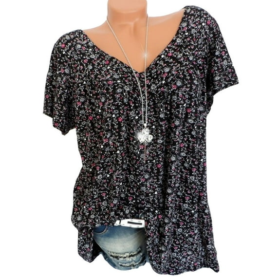 Patlollav Shirts Women Clothes Plus Size Tops Short Sleeve V-Neck Print Blouse