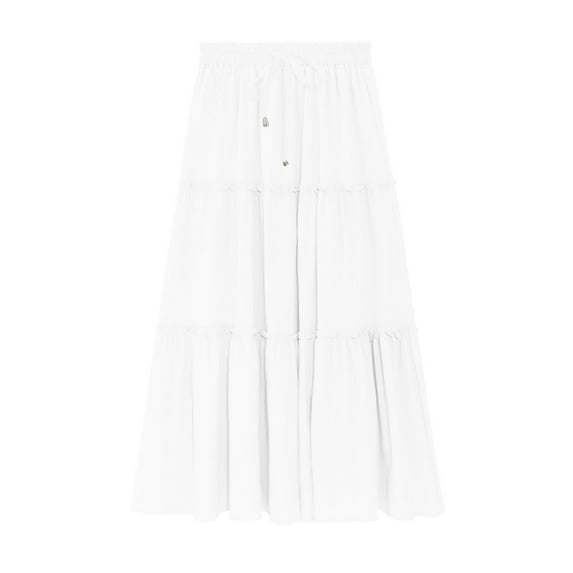 Patlollav Skrits for Women's Beach Style Solid Color Casual Pleated Ruffled Stretch Waist Tie Skirt