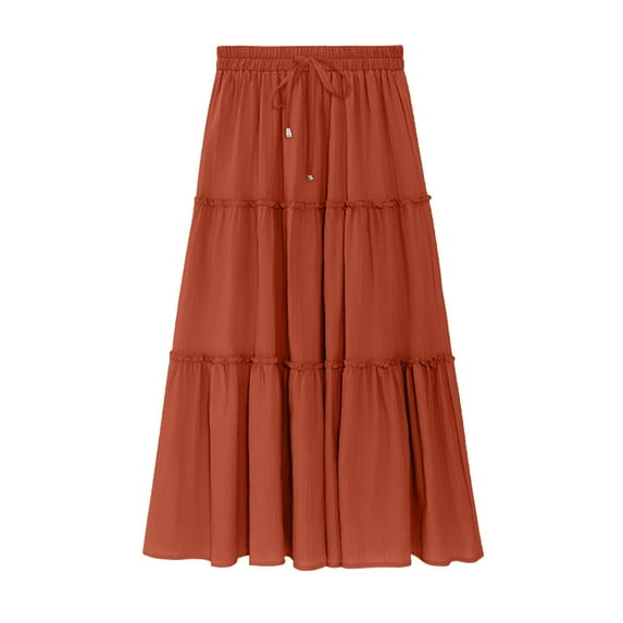 Patlollav Skrits for Womens,Women's Beach Style Solid Color Casual Pleated Ruffled Stretch Waist Tie Skirt