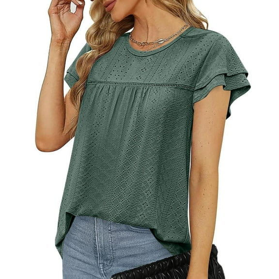 Patlollav Summer Blouses For Women Crewneck Short Sleeve T Shirts Solid Color Hollow Out Ruffle Lace Tops