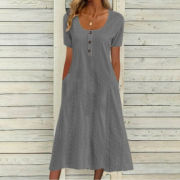 Patlollav Summer Dress for Women's Solid Color Button Short Sleeve Round Neck Pocket Dresses