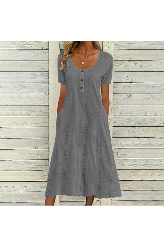 Summer Dress for Women's Solid Color Button Short Sleeve Round Neck Pocket Dresses
